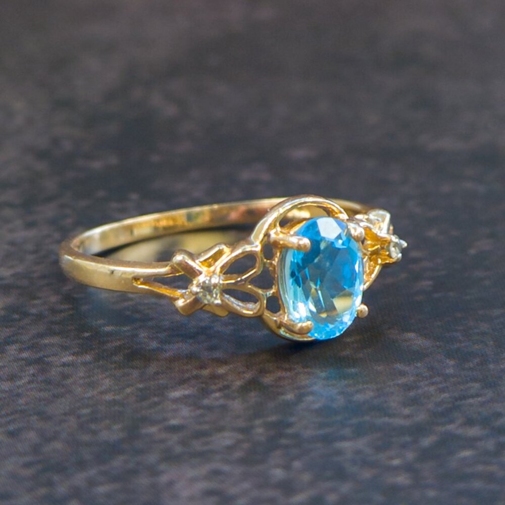 14k Gold Oval Blue Topaz Ring with Diamond Accents - Picture 12 of 15